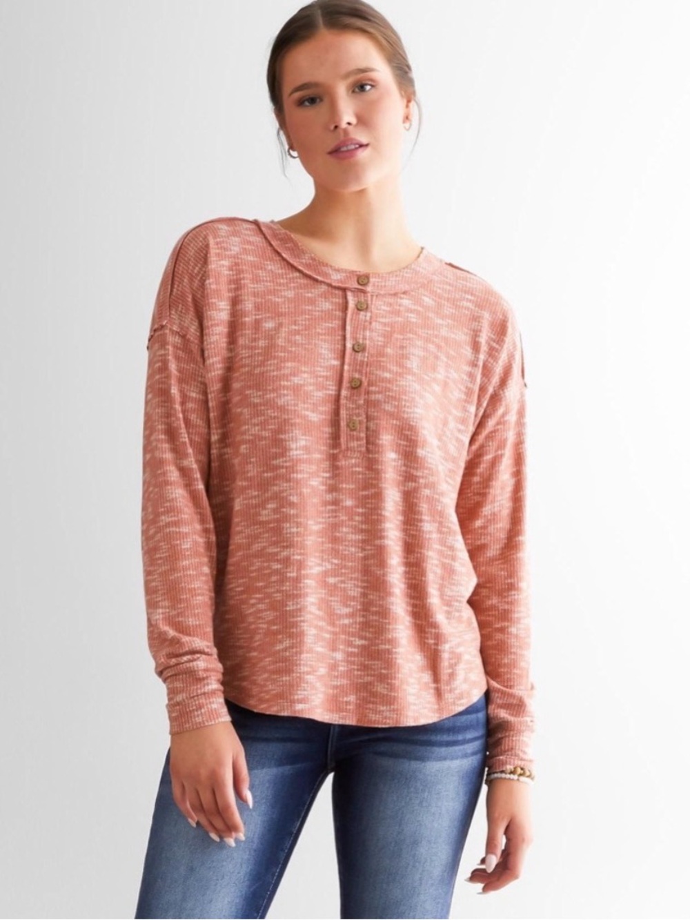BKE Women’s Raw Edge Henley Casual Preppy Top Size S